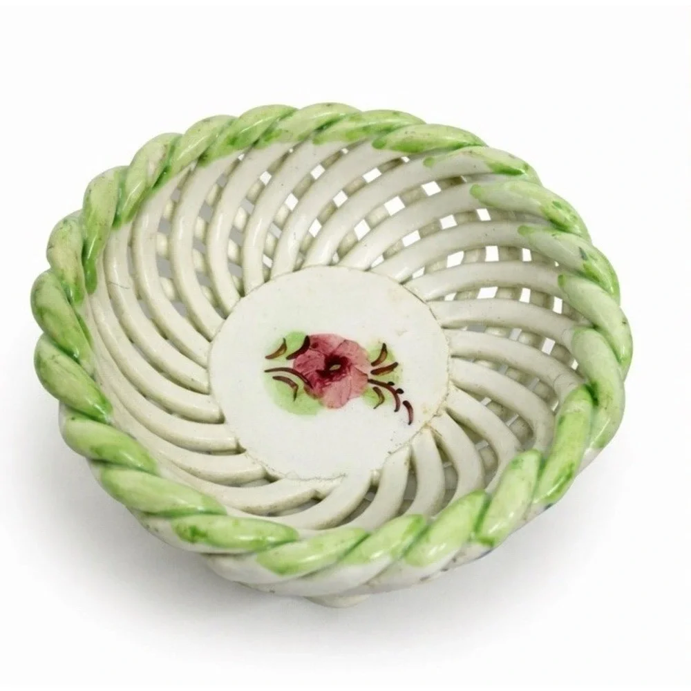 Vintage Woven Lattice Pottery Mini Basket Bowl Hand Painted Flower Majolica Styl